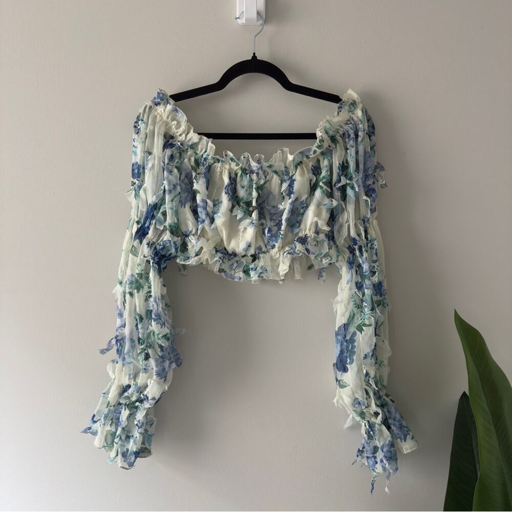 Shein Floral Off-Shoulder Ruffle Top Long Sleeve Cropped Crop Frilly Spring EUC - Picture 3 of 12